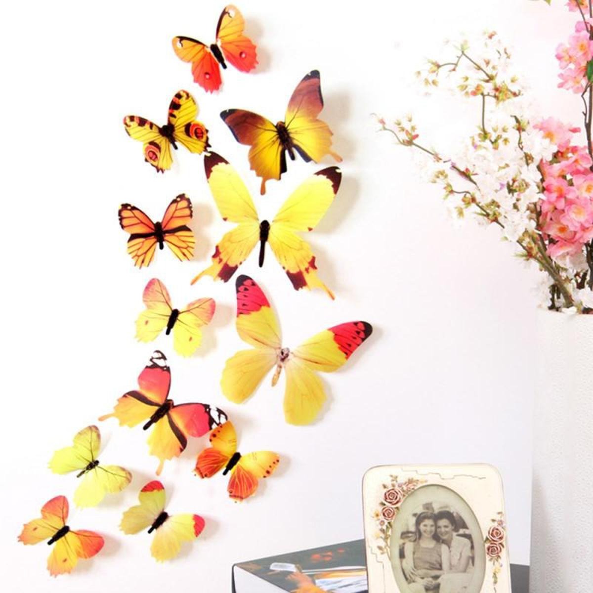 Yellow and orange printed butterfly wall decorations