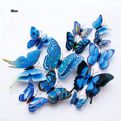 Blue layered double-wing 3D butterfly wall stickers, 12 pieces in assorted sizes