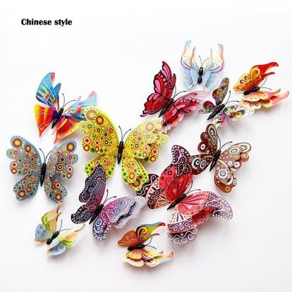 Chinese Style layered double-wing 3D butterfly wall stickers, 12 pieces in assorted sizes