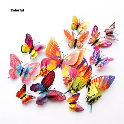 Colorful Mix layered double-wing 3D butterfly wall stickers, 12 pieces in assorted sizes