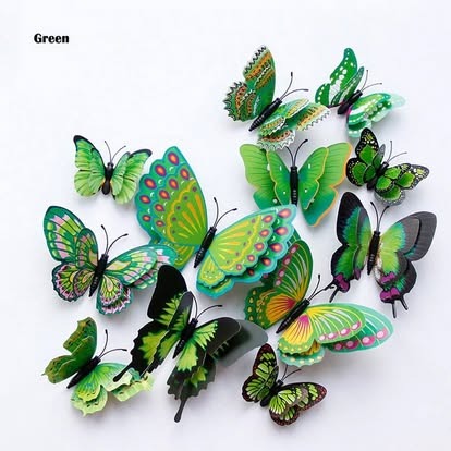Green layered double-wing 3D butterfly wall stickers, 12 pieces in assorted sizes