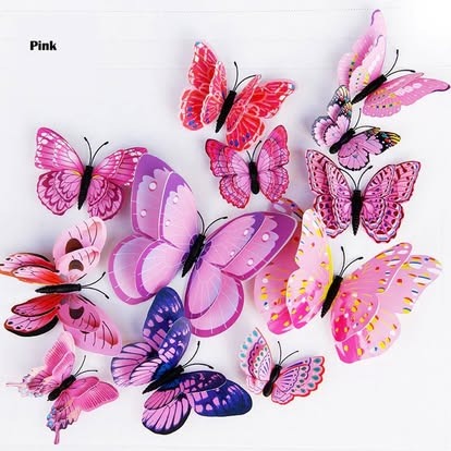 Pink layered double-wing 3D butterfly wall stickers, 12 pieces in assorted sizes