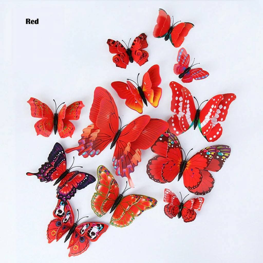 Red layered double-wing 3D butterfly wall stickers, 12 pieces in assorted sizes