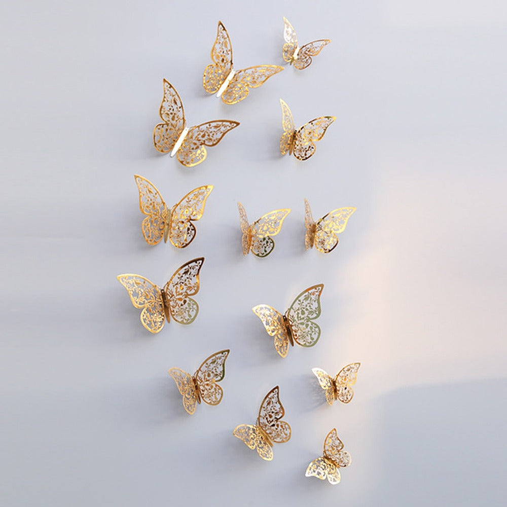 Golden lace filigree 3D butterfly wall décor 12 pieces in assorted sizes