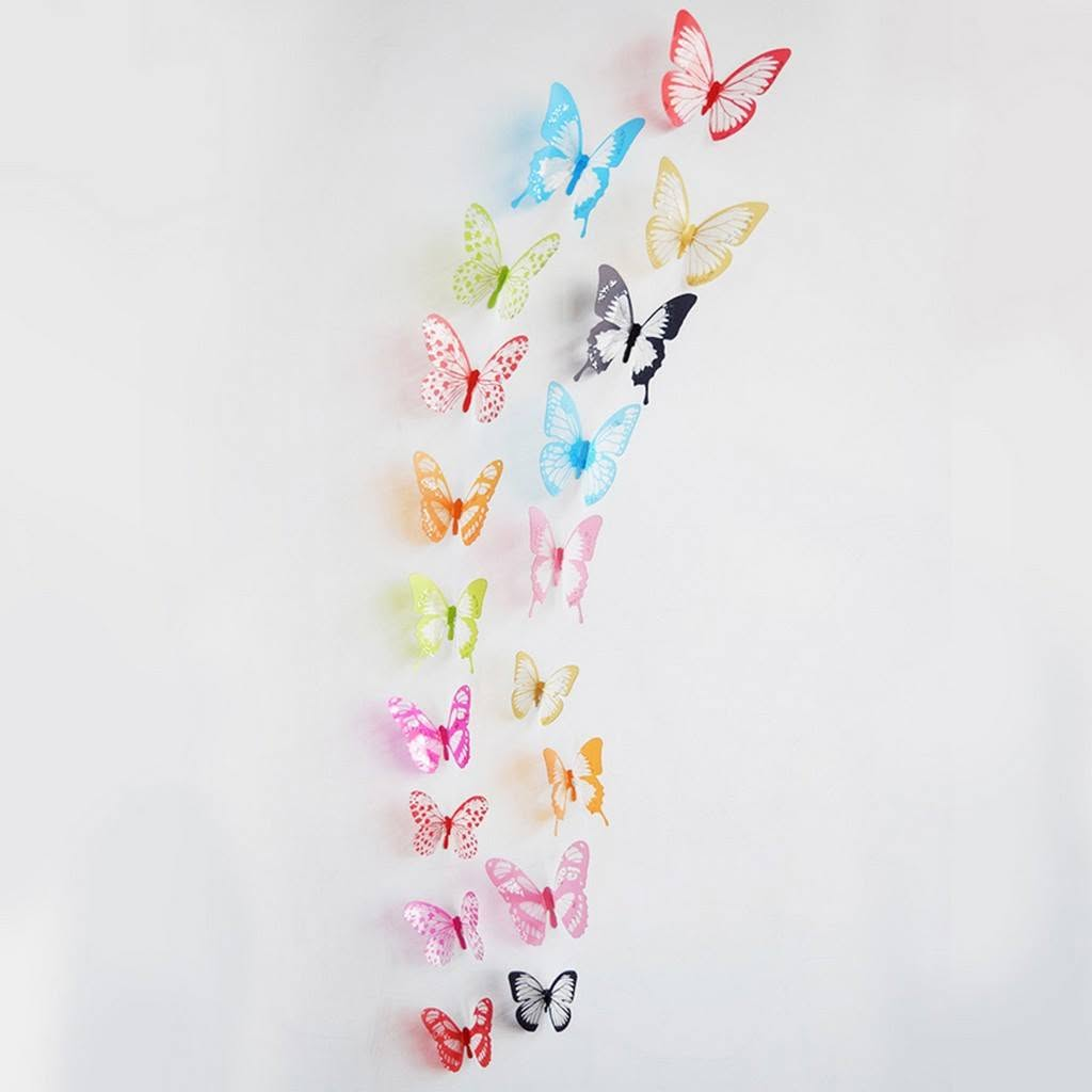 Colourful 18-piece 3D lace pattern butterfly wall decoration on a white background