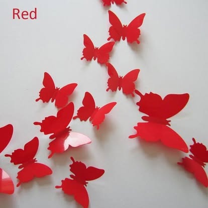 Red solid-colour 3D butterfly wall sticker pack in assorted sizes