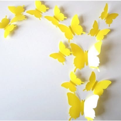 Yellow solid-colour 3D butterfly wall sticker pack in assorted sizes